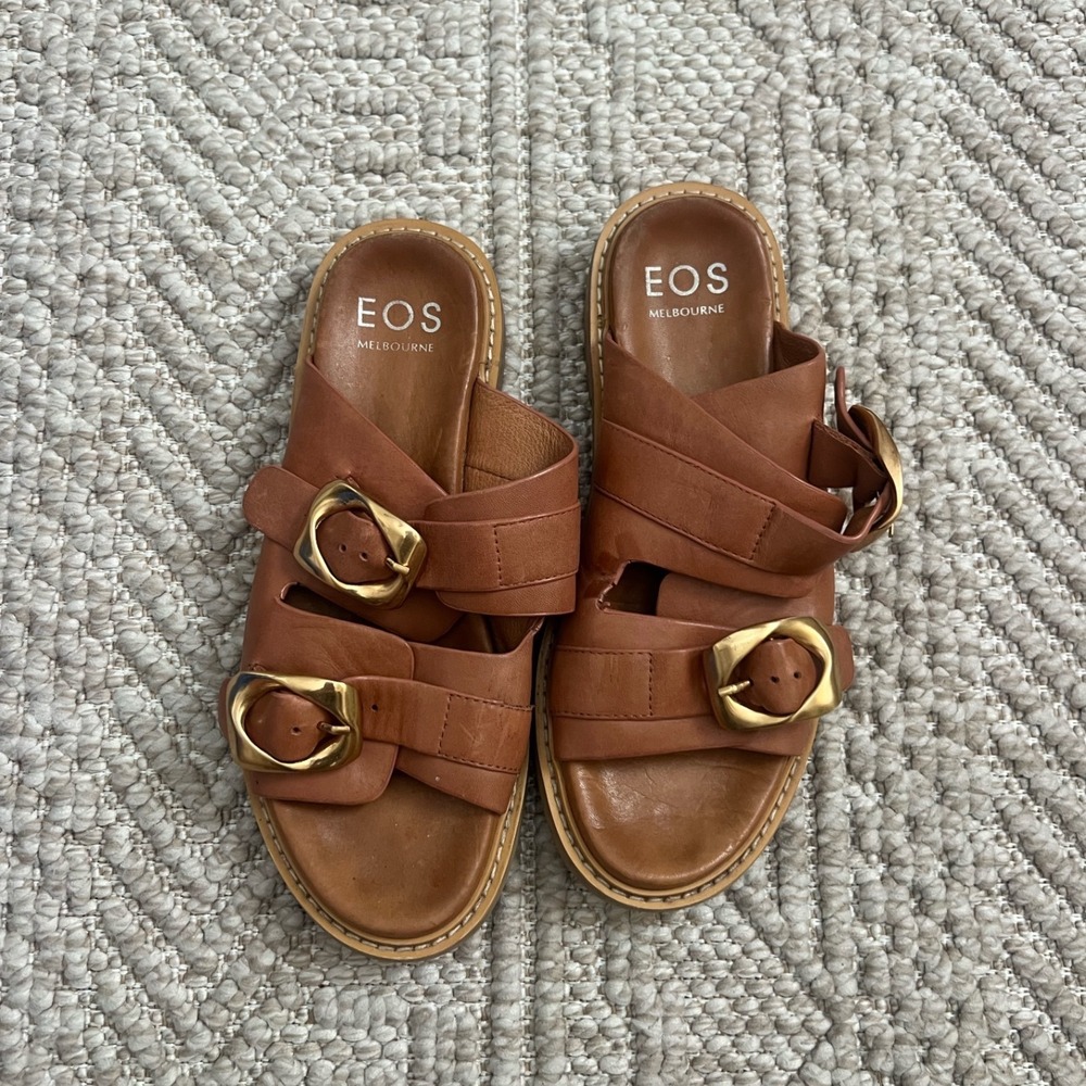 EOS Melbourne Tan Leather Double Buckle Flat Slide Sandals Womens 38